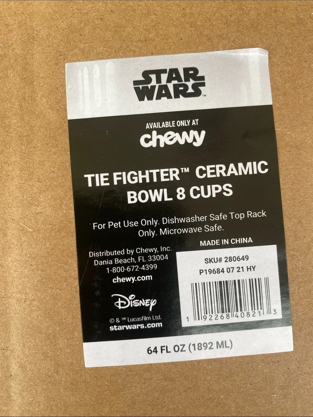 NIB STAR WARS TIE FIGHTER Non-Skid Ceramic Large Dog Bowl 8 Cups Chewy Disney